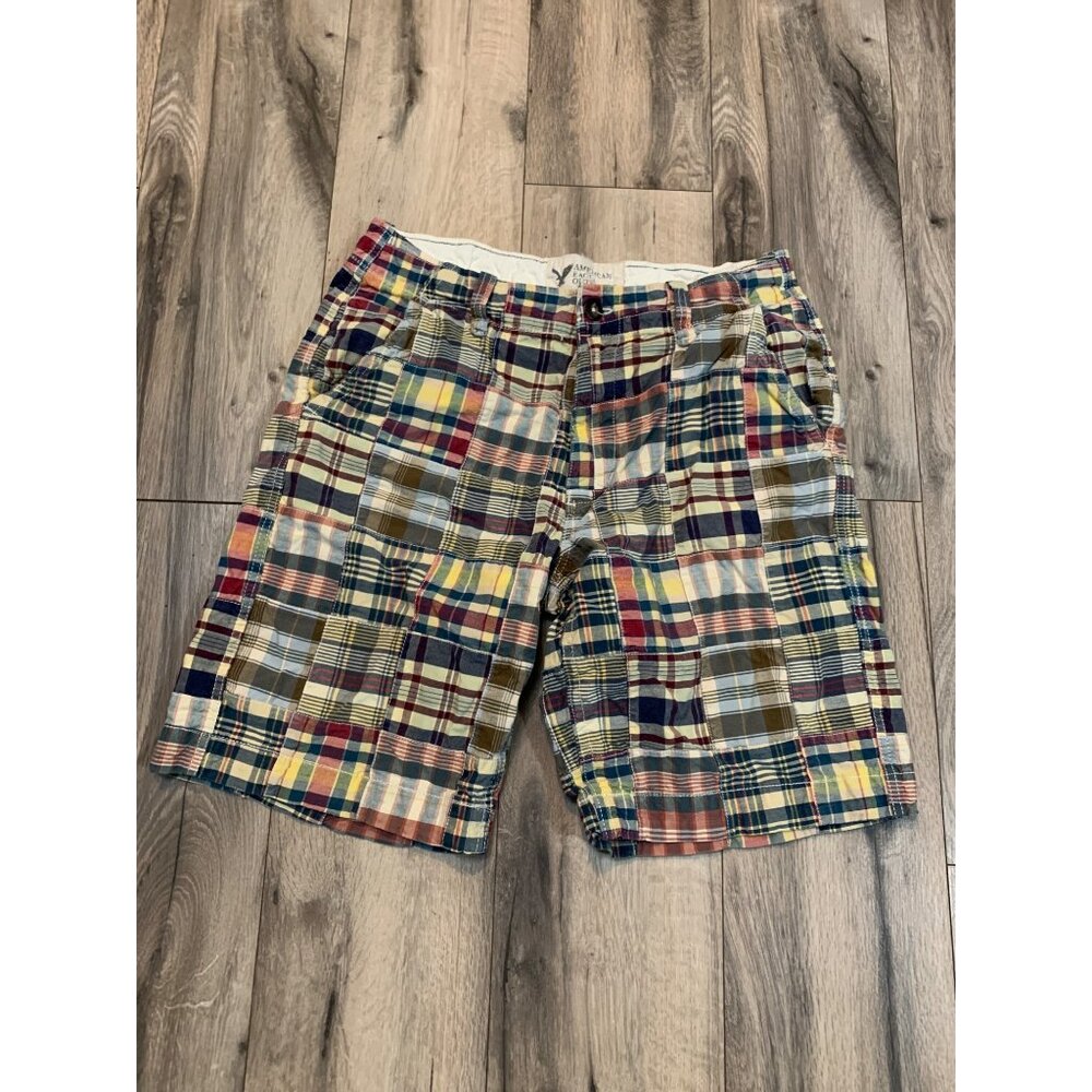 American Eagle Outfitters Mens W34 Madras Plaid Flat Front Shorts Blue Red Yello